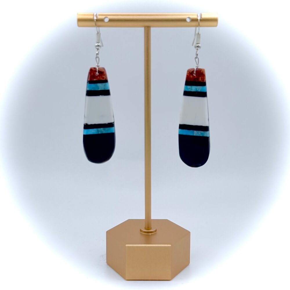 DELBERT CRESPIN Inlay Tear Drop Pueblo Stripe Earrings (Onyx, Spiny Oyster)